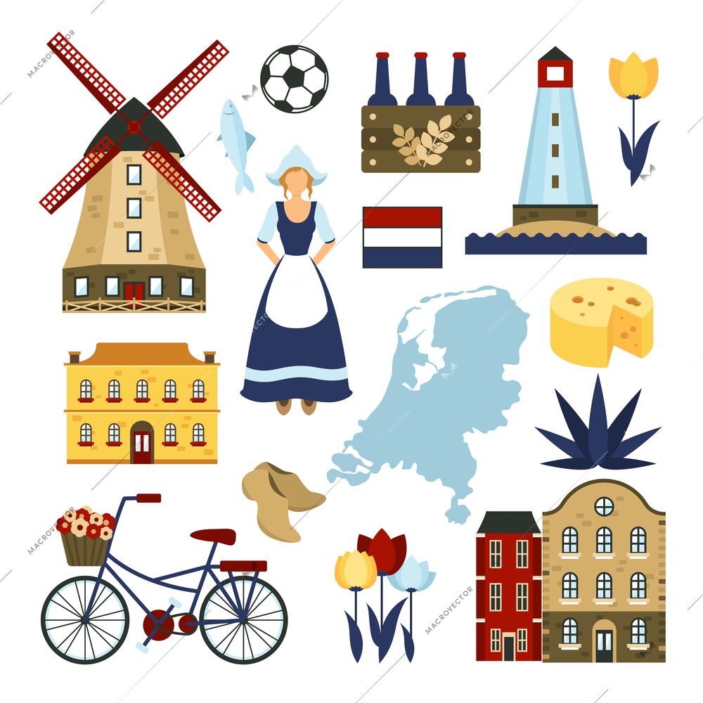 Netherlands symbols set with windmills  bicycle cheese isolated vector illustration