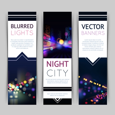 Blurred lights night city banner vertical set with isolated vector illustration