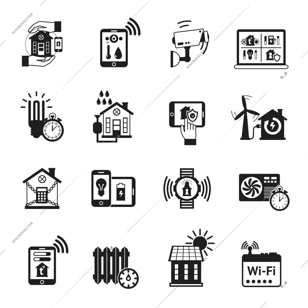 Smart house automatic heating control and security camera protection system black icons set abstract isolated vector illustration