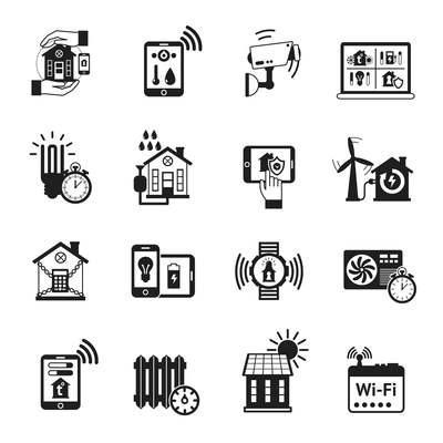 Smart house automatic heating control and security camera protection system black icons set abstract isolated vector illustration