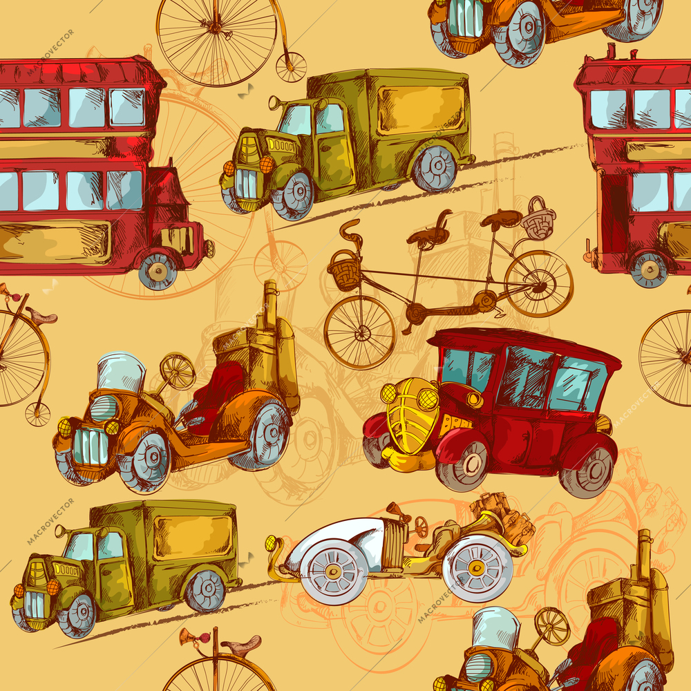 Vintage transport steampunk cars bikes transport colored seamless pattern vector illustration