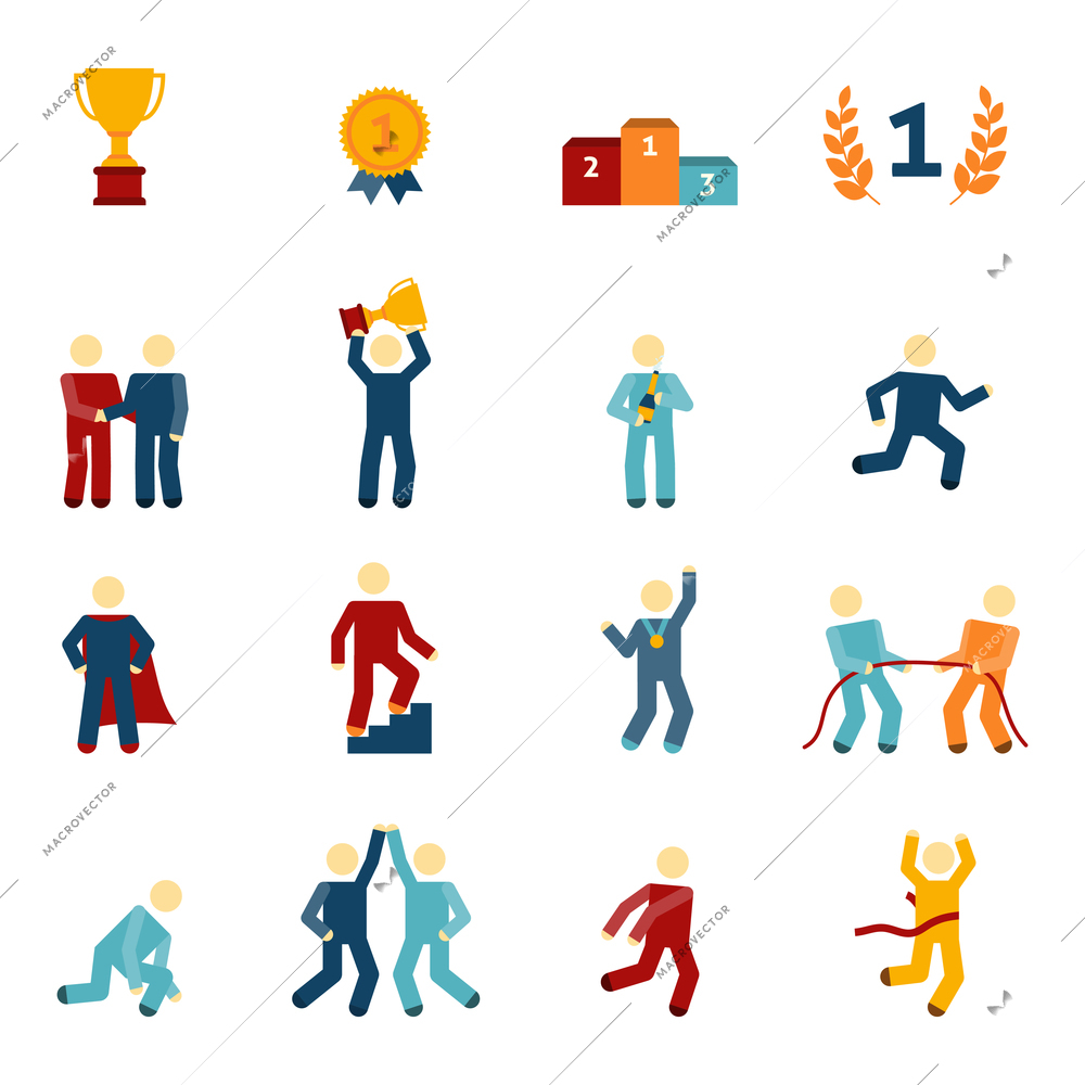 Competition icons flat set with winners champions business leaders characters isolated vector illustration