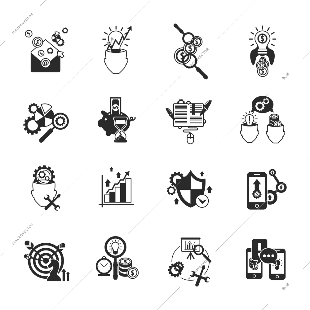 Successful business innovative ideas market analysis strategy concept black line symbols icons set abstract isolated vector illustration