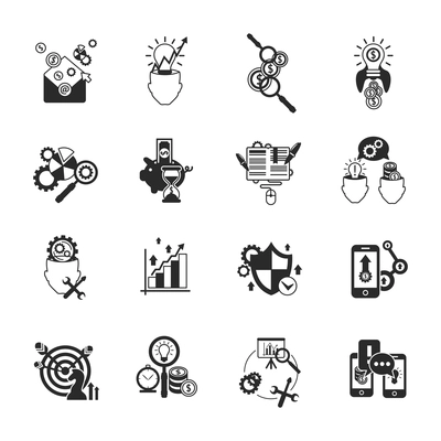 Successful business innovative ideas market analysis strategy concept black line symbols icons set abstract isolated vector illustration