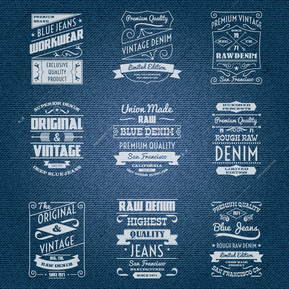 Denim jeans white typography labels set isolated vector illustration