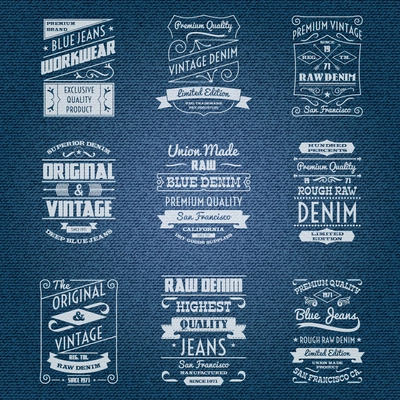 Denim jeans white typography labels set isolated vector illustration