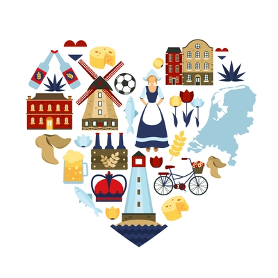 Netherlands travel symbols and dutch landmarks in heart shape flat vector illustration