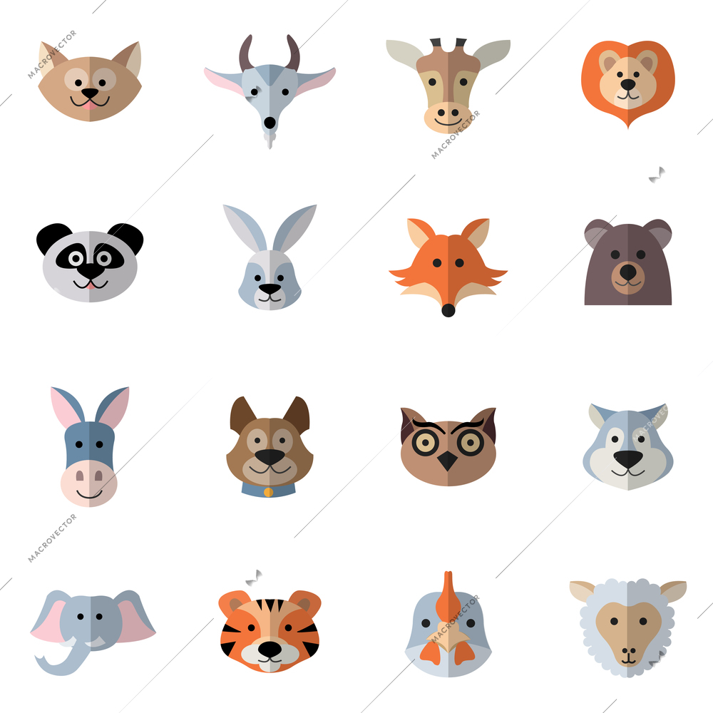 Animals characters flat set with donkey fox rabbit heads isolated vector illustration