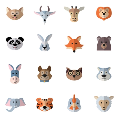 Animals characters flat set with donkey fox rabbit heads isolated vector illustration