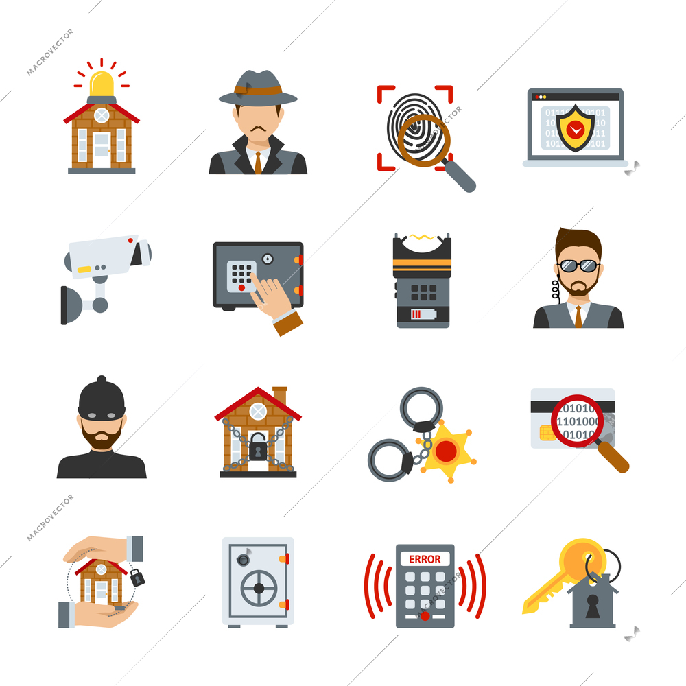 Surveillance and security icons set with thief detective and protection symbols isolated vector illustration