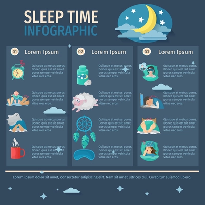 Sleep time infographic set with comfortable night dreaming vector illustration