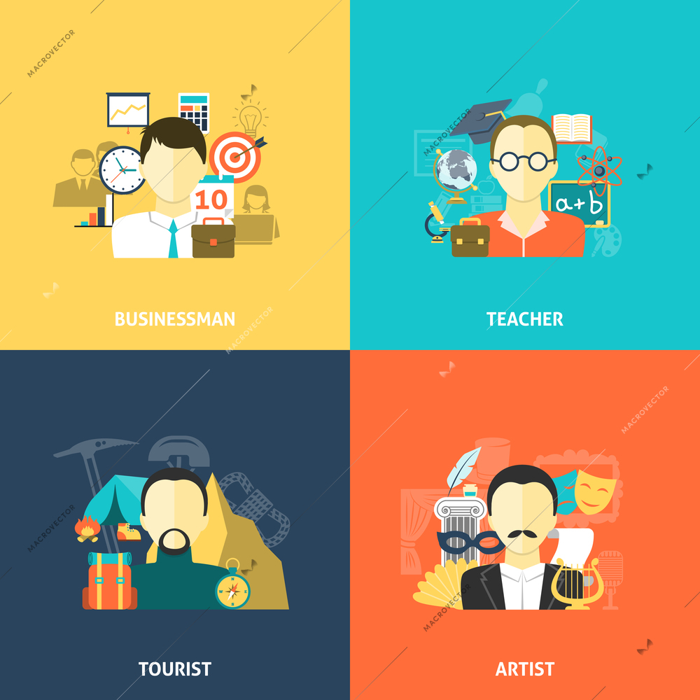 Avatars design concept set with businessman teacher tourist and artist flat icons isolated vector illustration