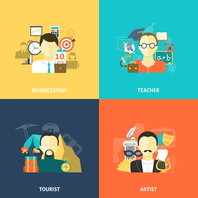 Avatars design concept set with businessman teacher tourist and artist flat icons isolated vector illustration