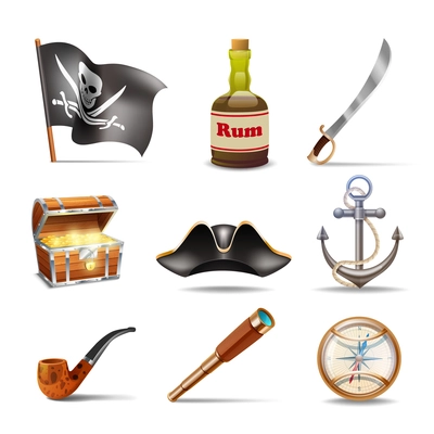 Pirate icons set colorful with jolly roger rum sabre treasure chest looking glass gold compass cocked hat anchor and pipe isolated vector illustration