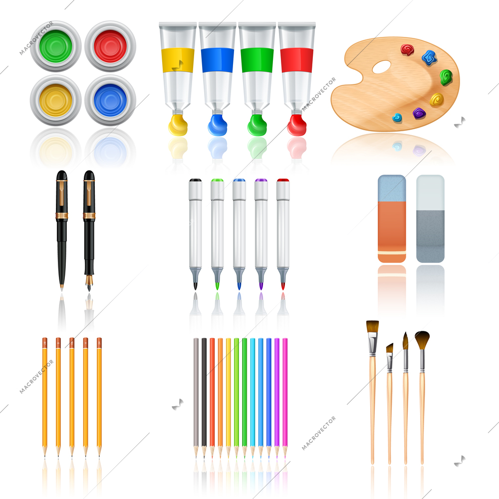 Drawing and painting tools with realistic color palette pencils and brushes isolated vector illustration