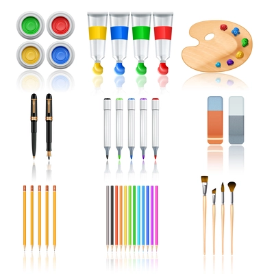 Drawing and painting tools with realistic color palette pencils and brushes isolated vector illustration