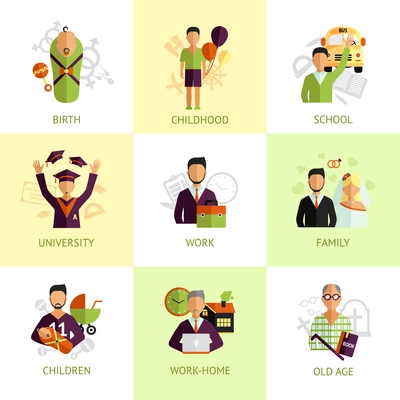 Nine stages of human life from birth to old age flat icons set abstract isolated vector illustration