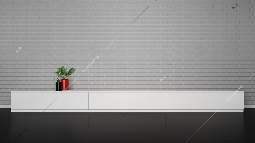 Minimalistic interior with  white cupboard table and plants in pot and brick wall vector illustration