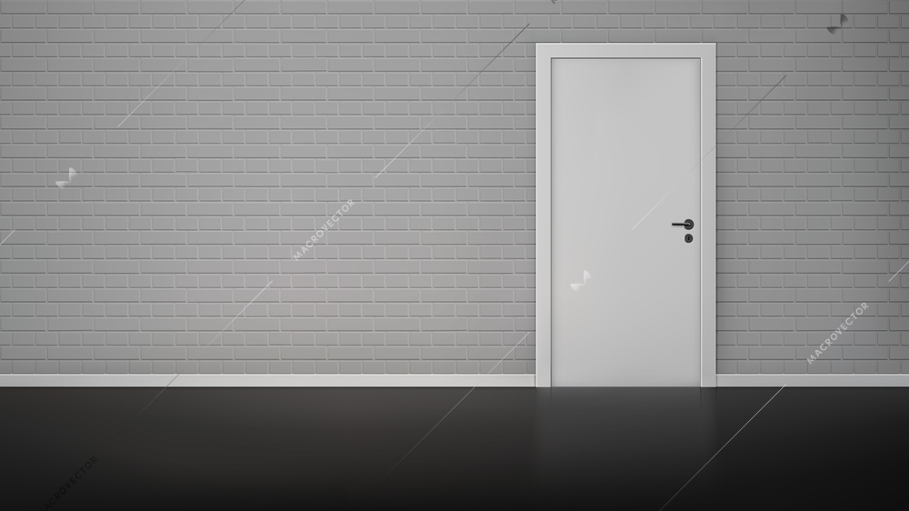 Empty room interior with brick wall and closed white door realistic vector illustration