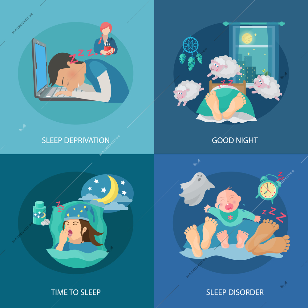 Sleep time design concept set with deprivation and disorder flat icons isolated vector illustration