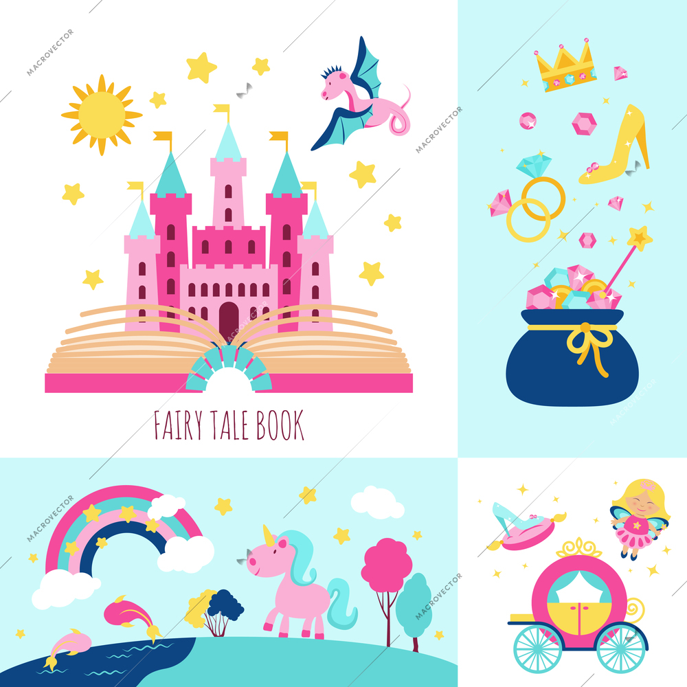 Fairy tale book concept with magic fantasy cartoon characters icons set isolated vector illustration