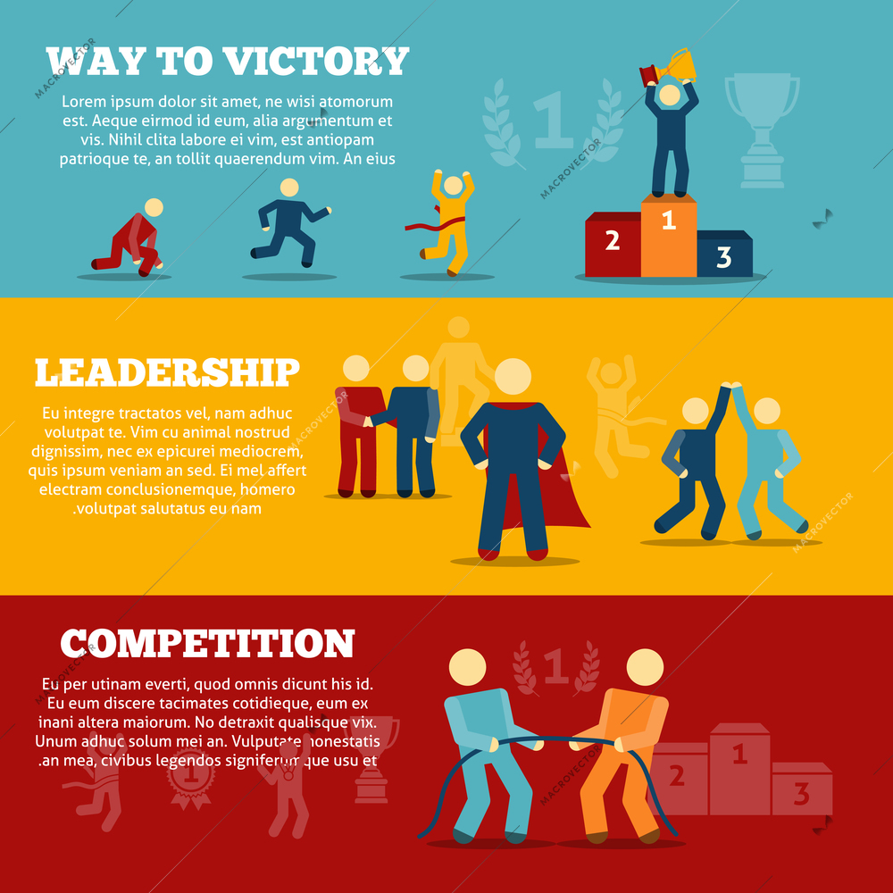 Way to victory flat horizontal banners set with leadership competition elements isolated vector illustration