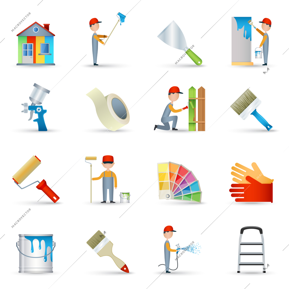 House renovation wall painting with long handle roller and masking tape icons collection abstract isolated vector illustration