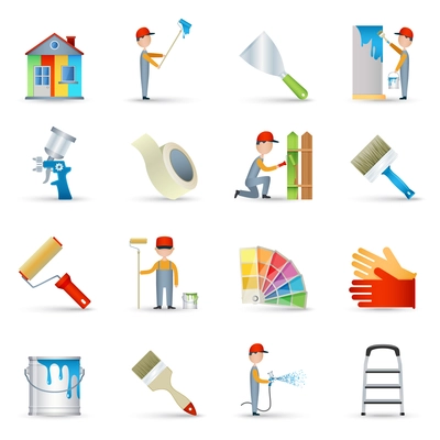 House renovation wall painting with long handle roller and masking tape icons collection abstract isolated vector illustration