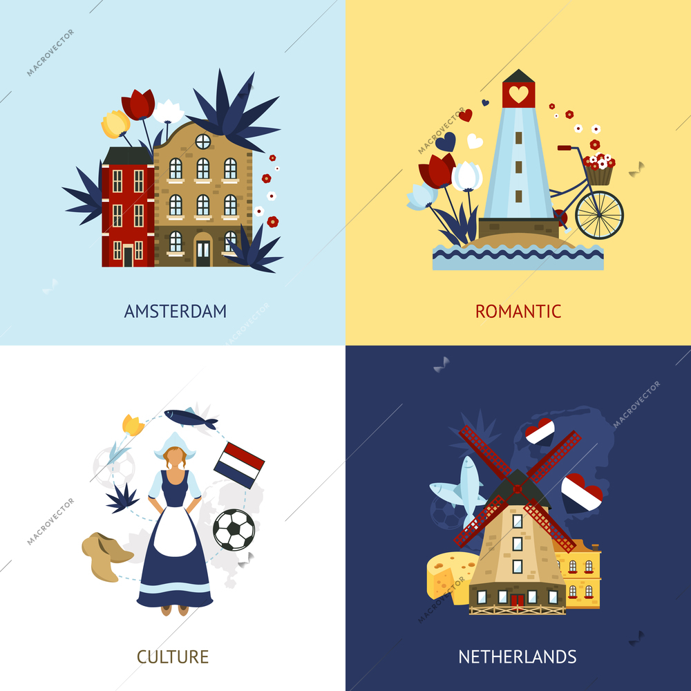 Netherlands design concept set with romantic amsterdam culture flat icons isolated vector illustration