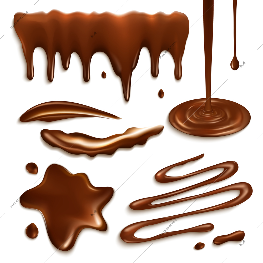Liquid milk chocolate drops and splashes decorative elements set isolated vector illustration