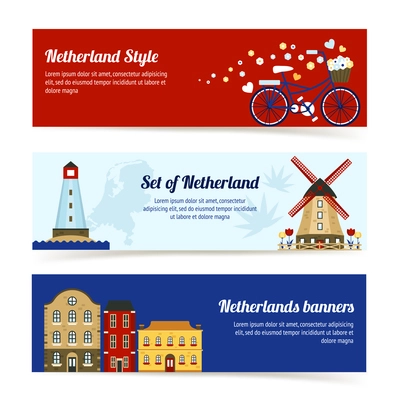 Netherlands horizontal banners with dutch culture elements set isolated vector illustration