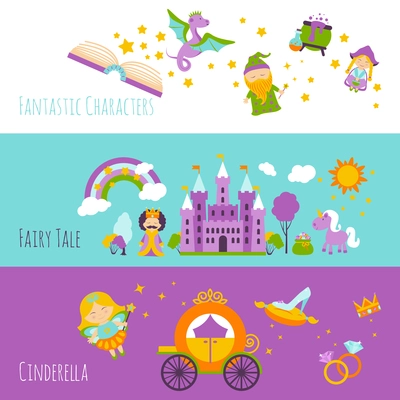 Fairy tale horizontal banner set with fantastic characters isolated vector illustration