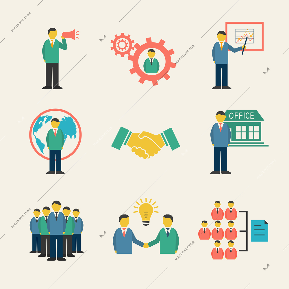 Flat business people meeting icons set of collaboration and teamwork isolated vector illustration