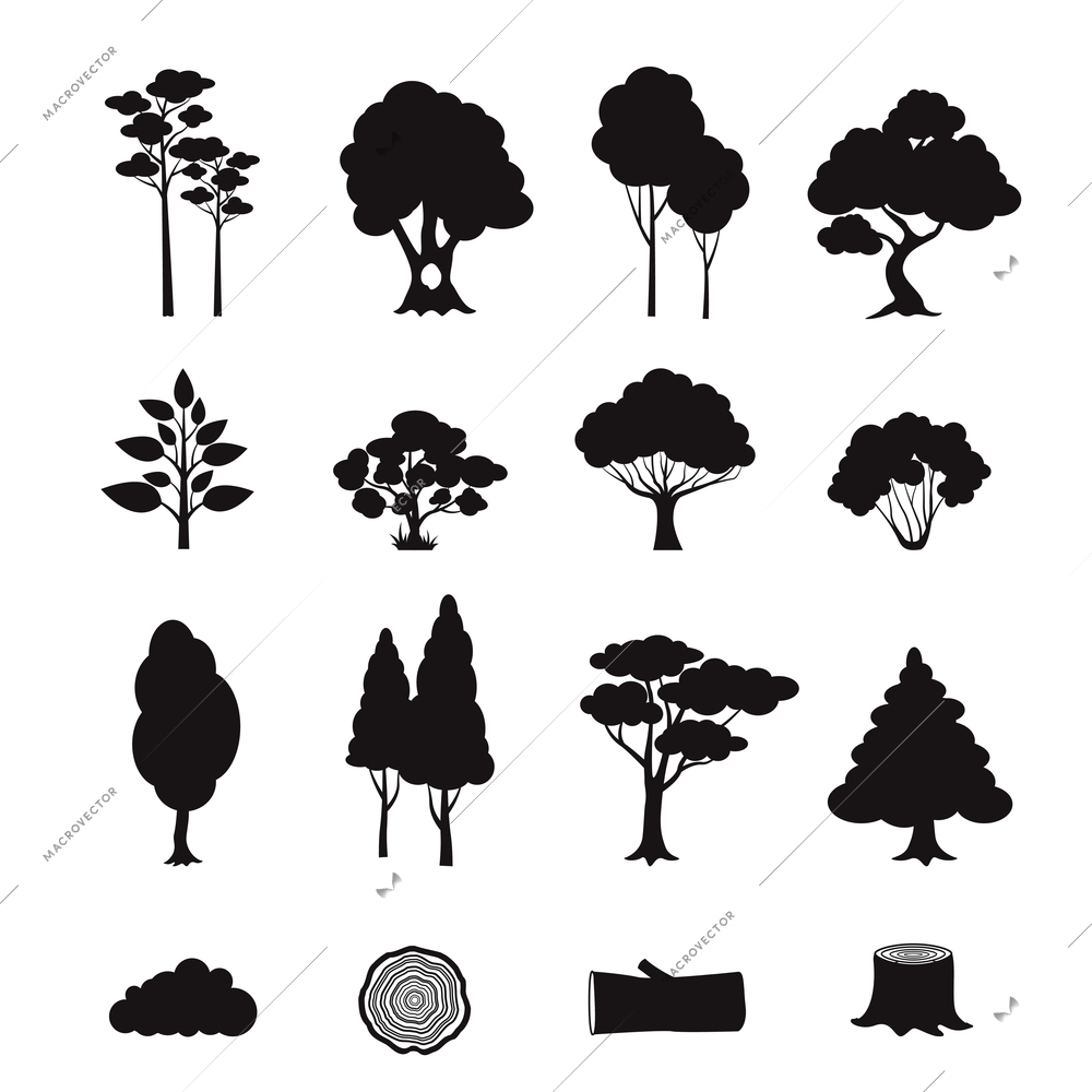 Forest elements black icons set with stump log trees isolated vector illustration