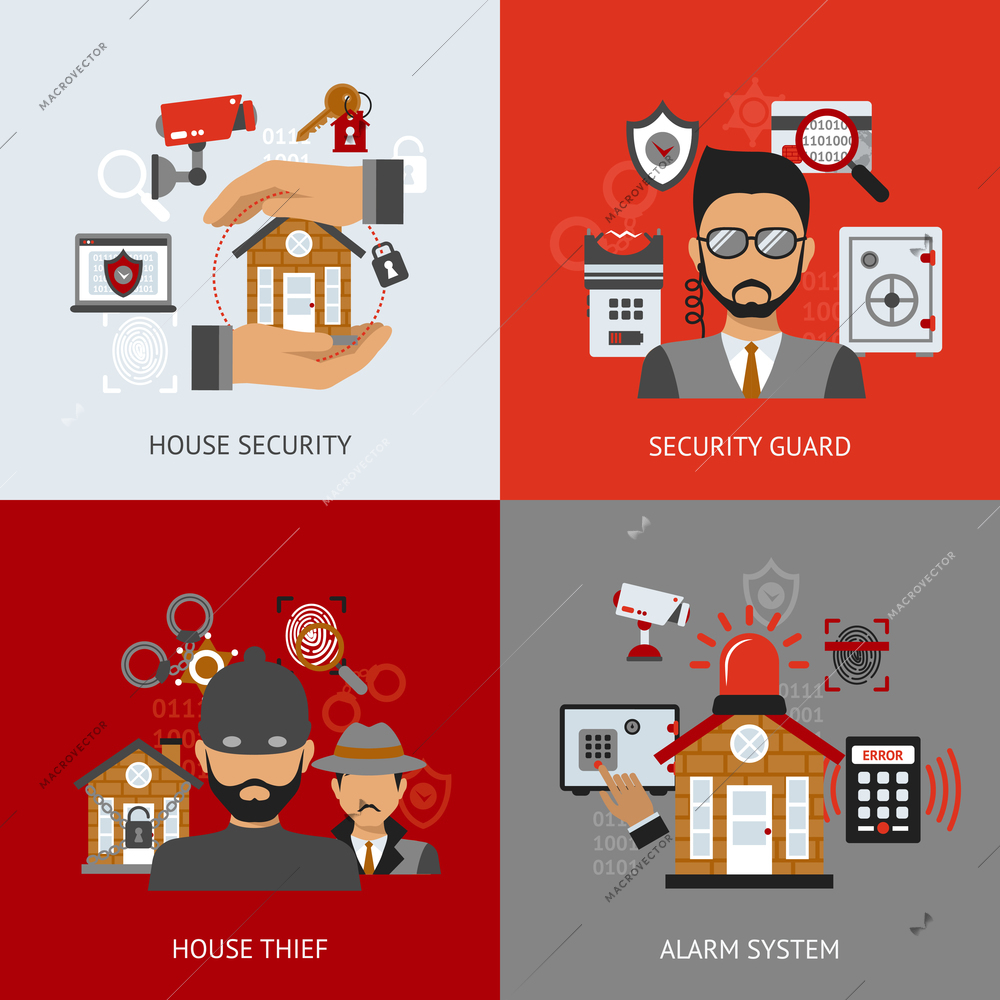 Security design concept set with house thief guard and alarm system flat icons isolated vector illustration