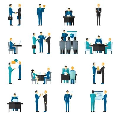 Business men and women set in different poses in office isolated vector illustration
