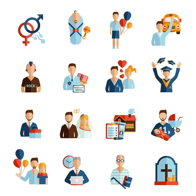 Person life stages and growing process icons set isolated vector illustration