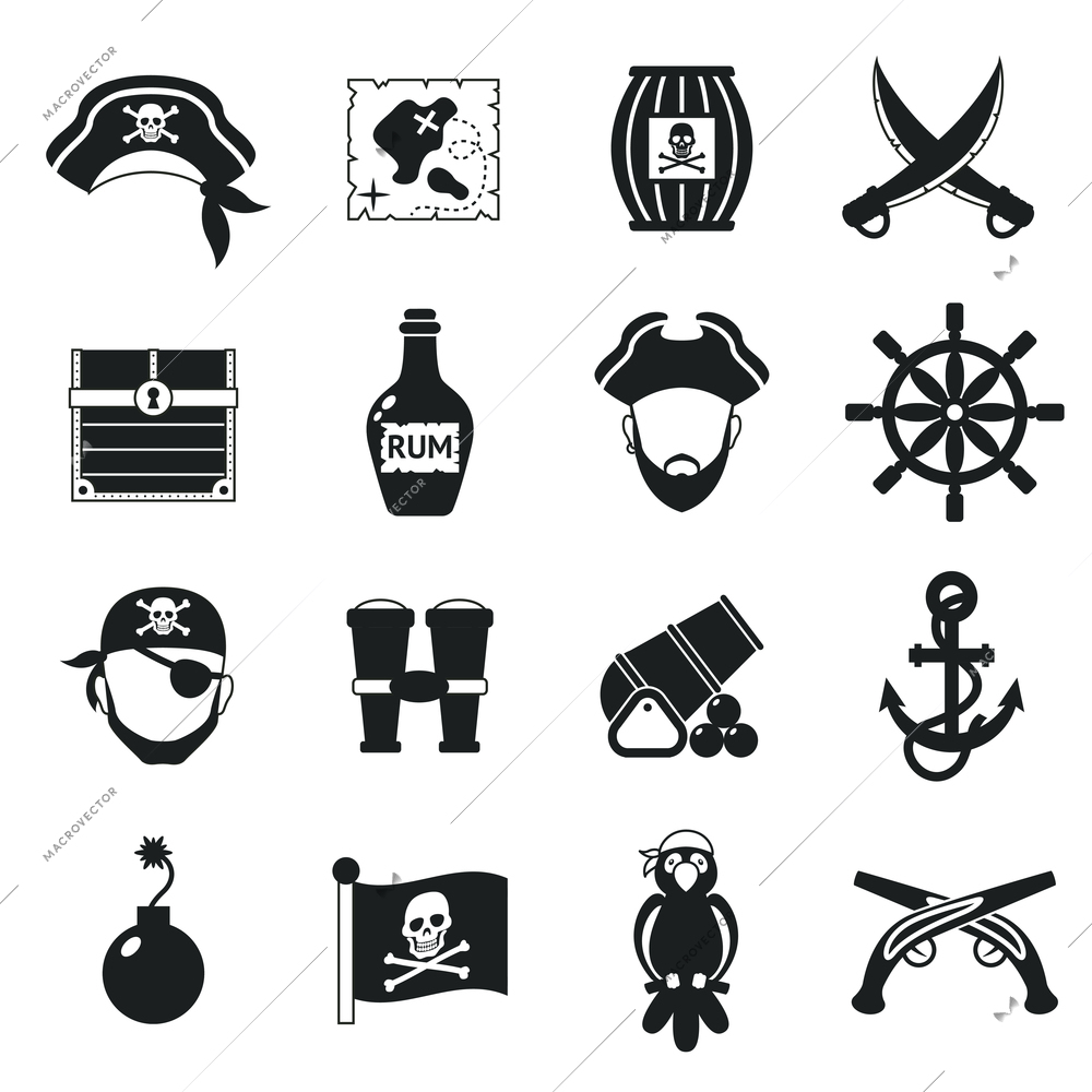 Golden age pirate adventures toy accessories pictograms for children party game  icons set black abstract vector illustration