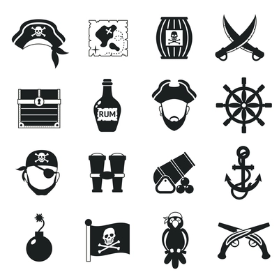 Golden age pirate adventures toy accessories pictograms for children party game  icons set black abstract vector illustration