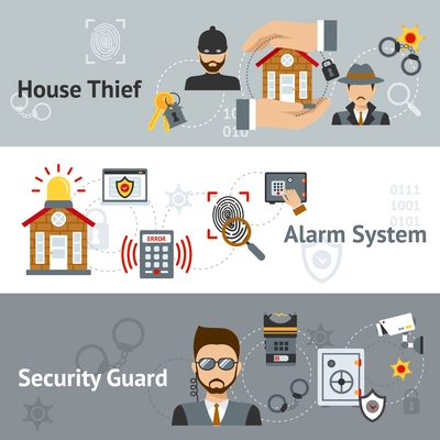 Security horizontal banner set with house thief and alarm system elements isolated vector illustration