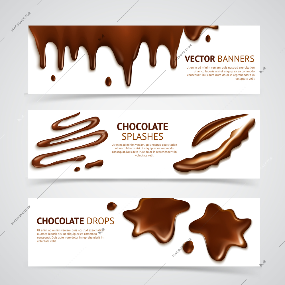 Shiny smooth delicious dark premium chocolate splashes and mouth watering drops banners set realistic isolated vector illustration