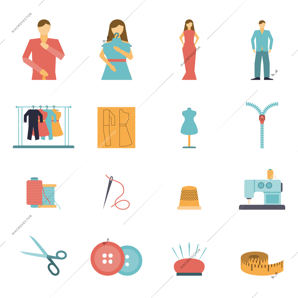 Colorful clothes and fashion designer tools and materials flat icon set isolated vector illustration