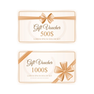 Elegant paper gift cards set with beige ribbon bow isolated vector illustration