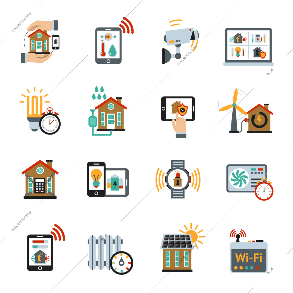 Smart house energy control technology system icons set isolated vector illustration