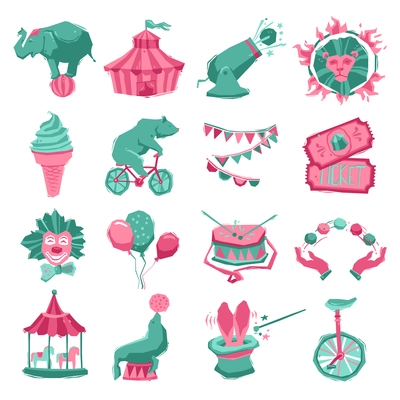 Circus decorative icon set with carnival tent animals clown and juggler isolated vector illustration