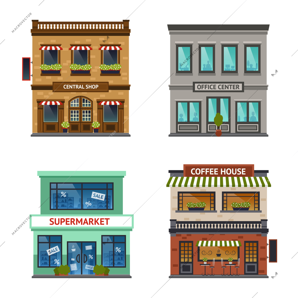 Vintage street view with office center shop coffee house and supermarket icons set abstract isolated  vector illustration