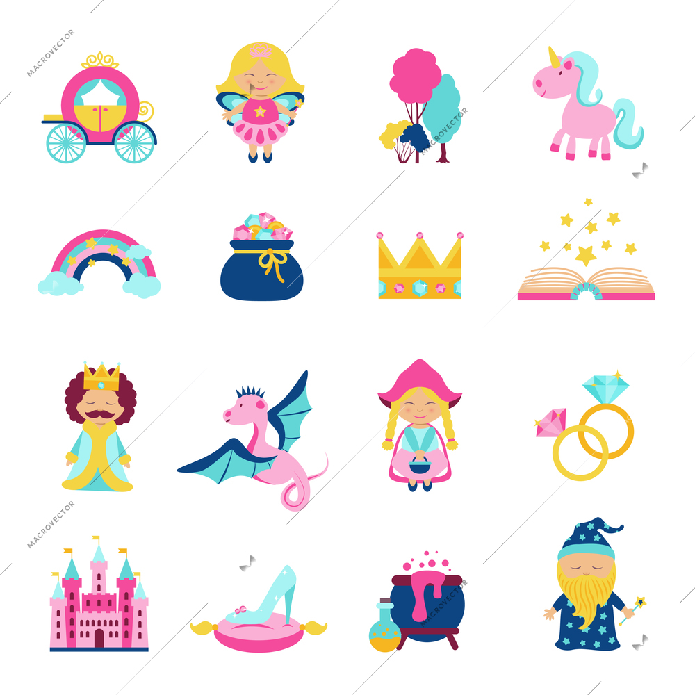 Fairy tale characters and symbols set with magic book wand dragon unicorn isolated vector illustration