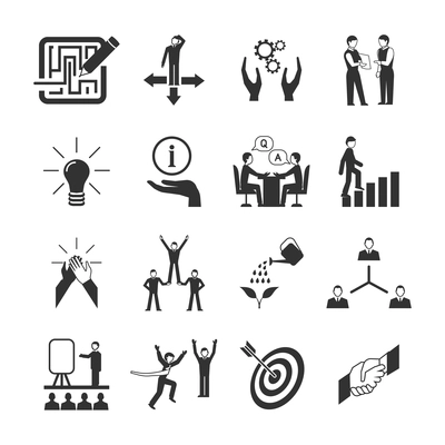 Mentoring black icons set with goal teamwork guidance symbols isolated vector illustration