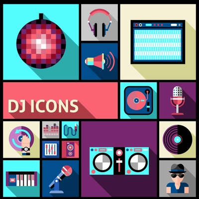 Dj studio and party music flat long shadow icon set isolated vector illustration