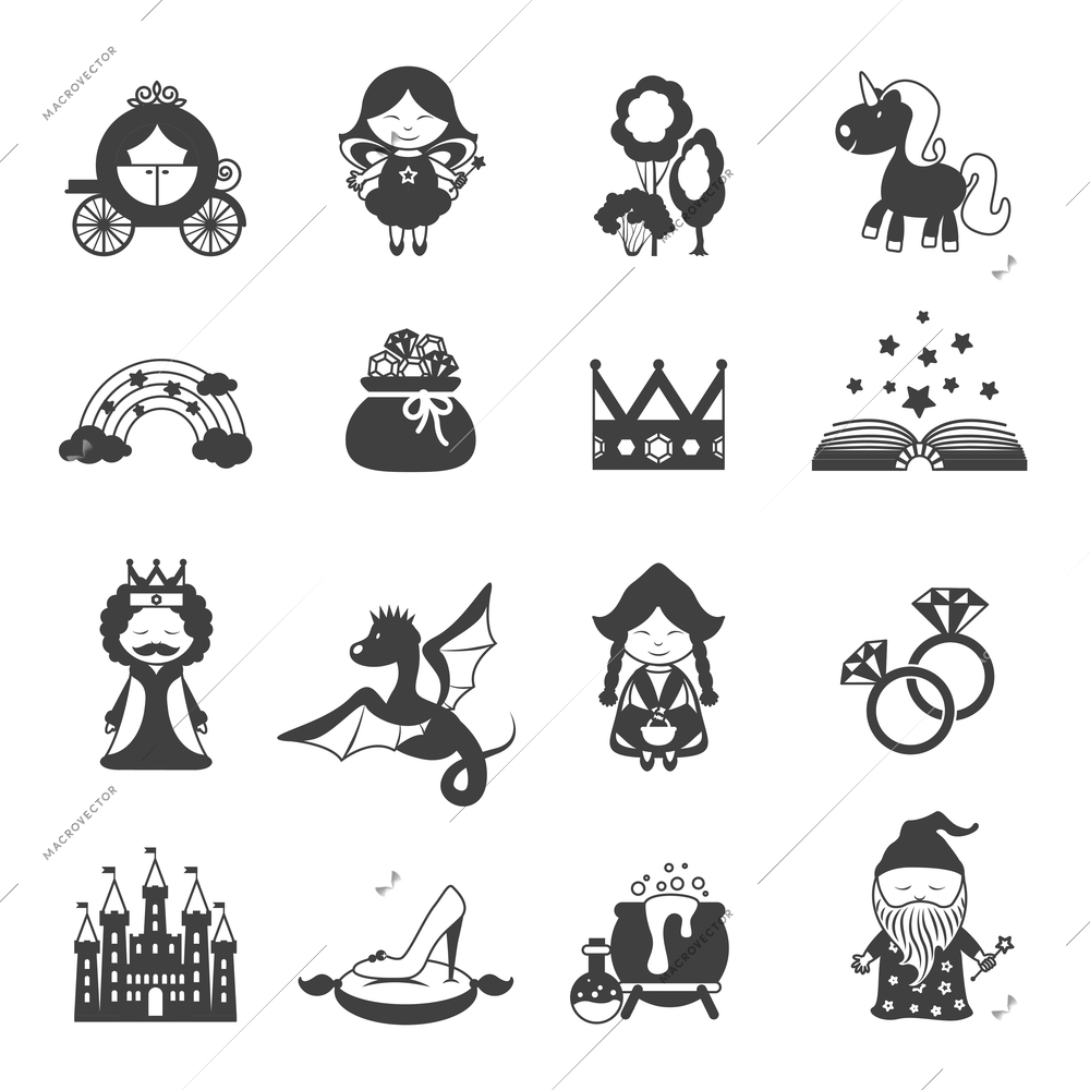 Fairy tale black icons set with princess dragon and magic symbols isolated vector illustration